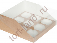 Коробка на 9 капкейков с пластиковой крышкой КРАФТ