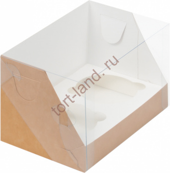 Коробка для 2 капкейков с пластиковой крышкой Крафт – «Тортленд»
