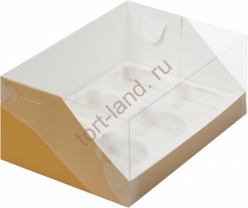 Коробка для капкейков на 6 ячеек КРАФТ с пластиковой крышкой  – «Тортленд»