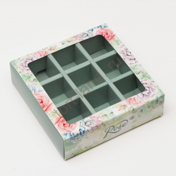 Коробка под 9 конфет с обечайкой "Rose" с окном, 14,5 х 14,5 х 3,5 см – «Тортленд»