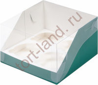 Коробка на 4 капкейка с пластиковой крышкой зеленый матовый 