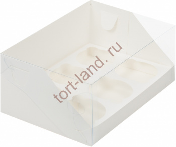 Коробка для капкейков на 6 ячеек Белая с пластиковой крышкой – «Тортленд»