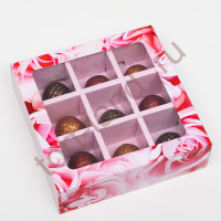Коробка картонная с обечайкой под 9 конфет, "Пионы", розовые, 13,7 х 13,7 х 3,5 см