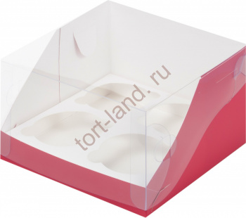 Коробка на 4 капкейка КРАСНАЯ пласт. крышка – «Тортленд»