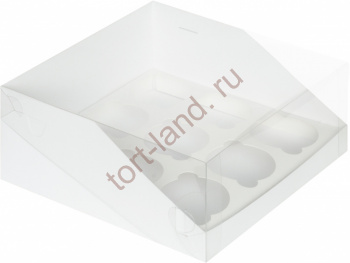 Коробка на 9 капкейков с пластиковой крышкой БЕЛАЯ – «Тортленд»