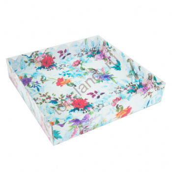 Коробка для печенья 15*15*3 см "Цветы ассорти" с прозрачной крышкой – «Тортленд»