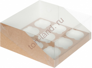 Коробка на 9 капкейков с пластиковой крышкой КРАФТ – «Тортленд»
