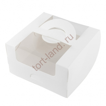 Коробка для бенто-торта с ручками с окном 140х140х80 мм – «Тортленд»