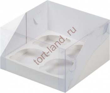 Коробка для 4 капкейков с пластиковой крышкой Белая  – «Тортленд»