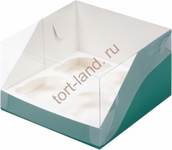 Коробка на 4 капкейка с пластиковой крышкой зеленый матовый  – «Тортленд»