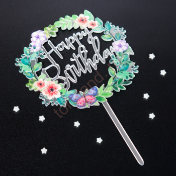 Топпер "Happy Birthday, цветы и бабочка" серебро, 11*10 см – «Тортленд»